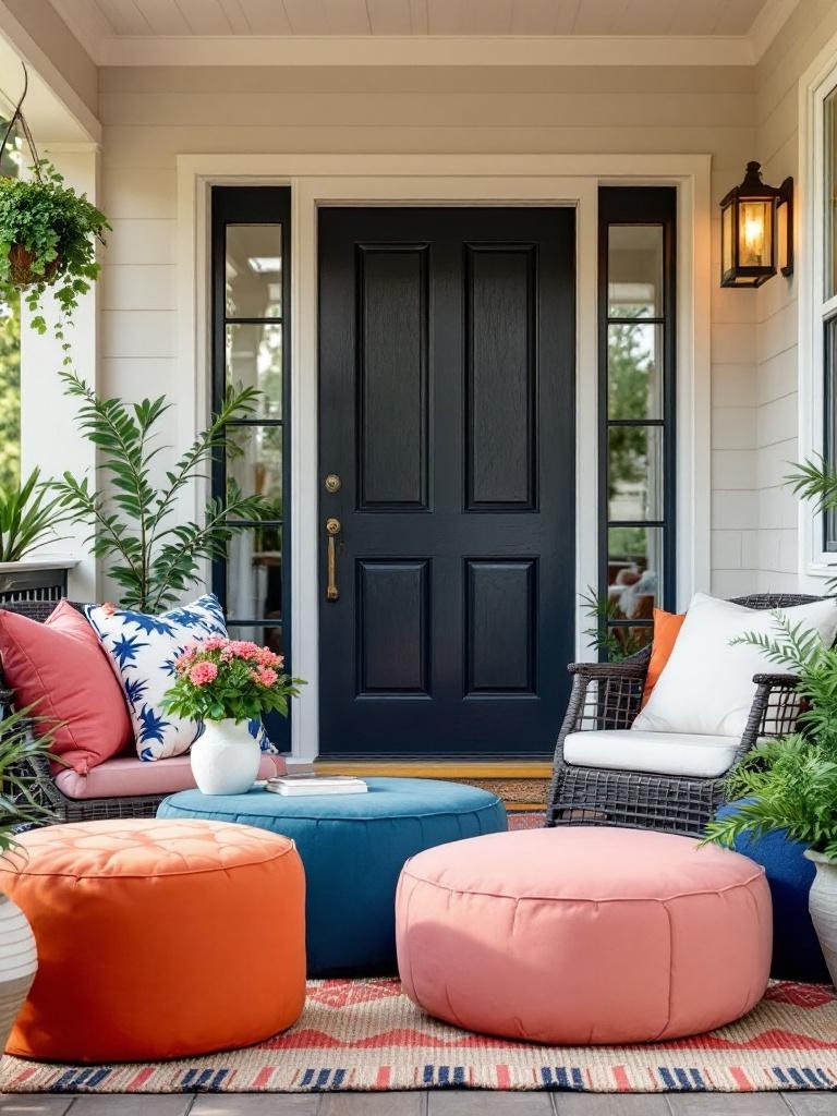 Colorful poufs and ottomans on a porch used as footrests, seating, and side tables for casual decor.