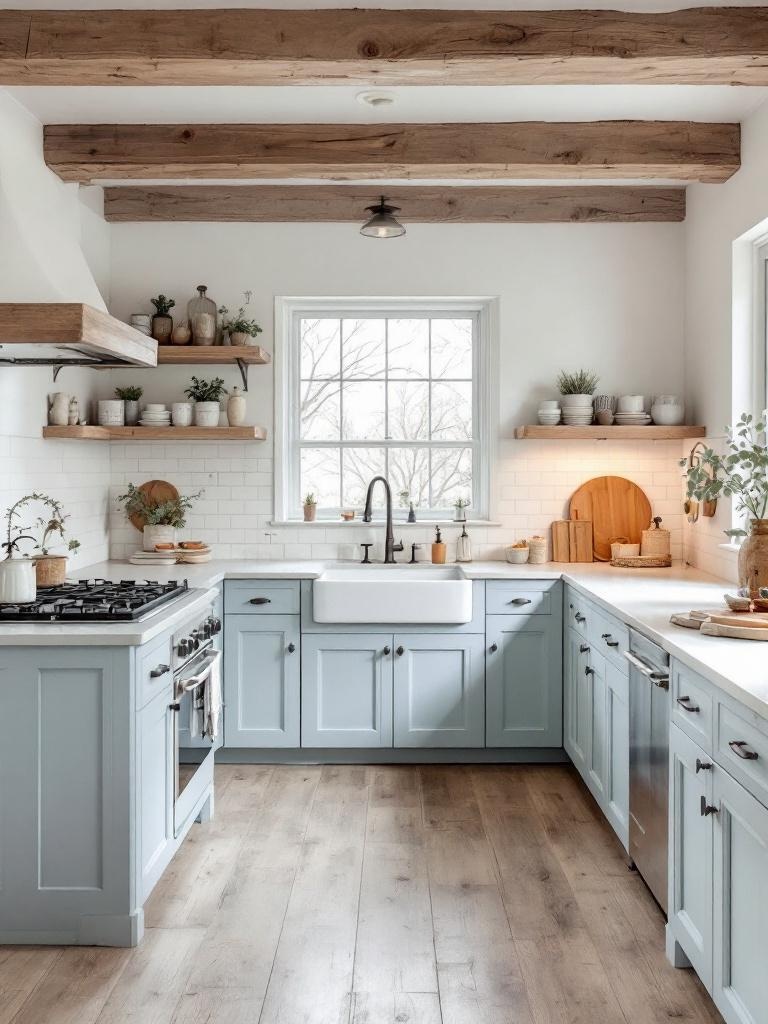 Rustic light blue kitchen with reclaimed wood beams and cabinets, creating a cozy and inviting atmosphere.