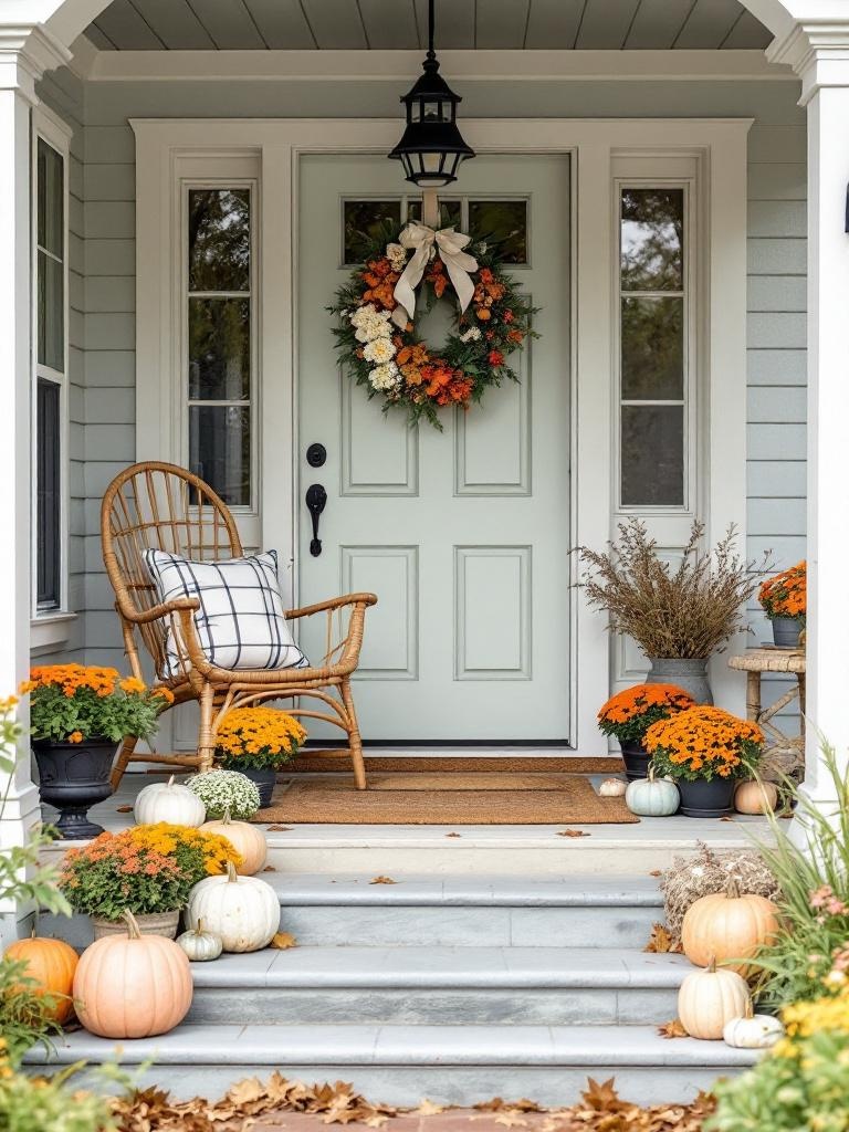 Decorated front porch showcasing seasonal themes with pumpkins, flowers, and festive wreaths.