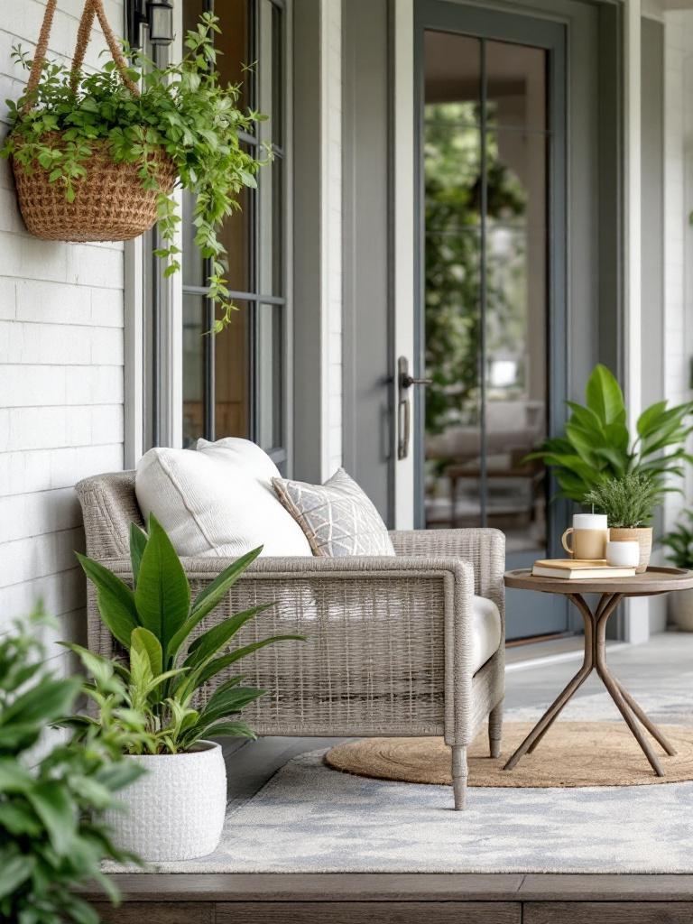 Side tables enhance front porches, offering space for drinks and decor while complementing styles.