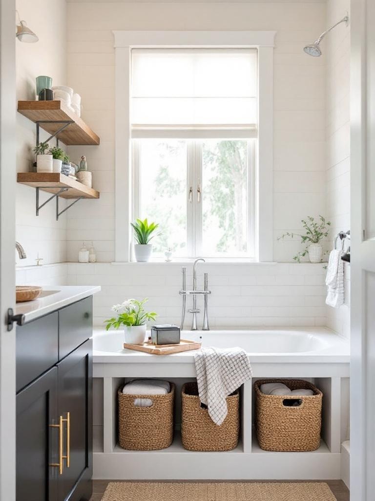 Small bathroom storage solutions around a tub, including shelves, baskets, and under-tub storage.