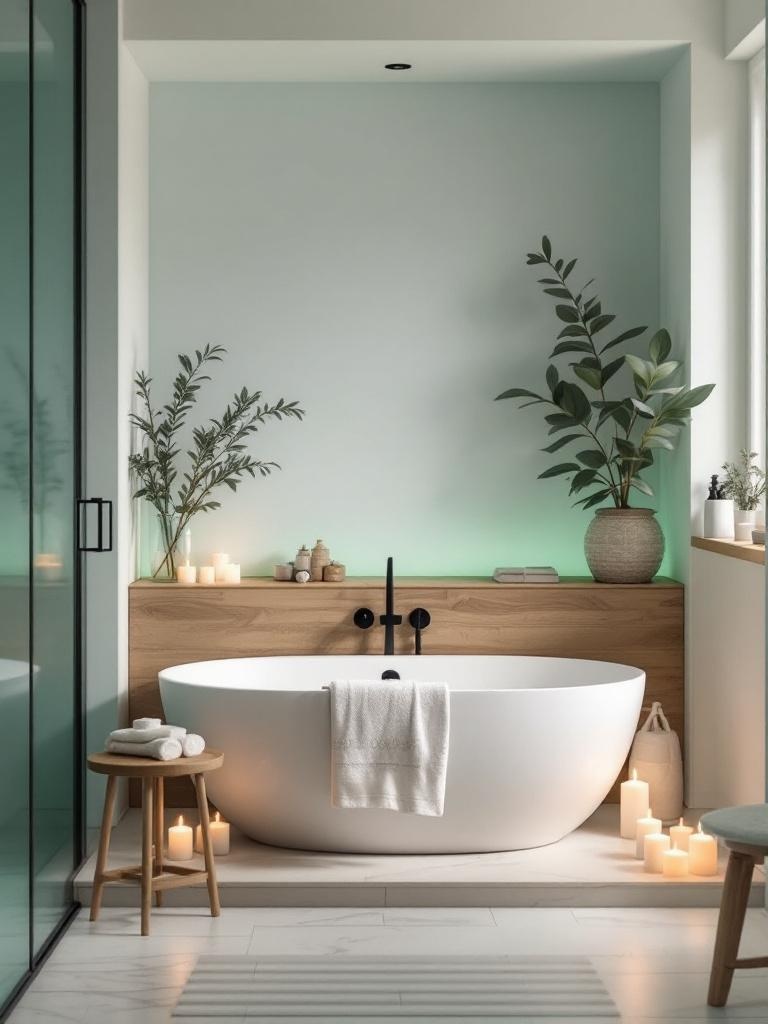 Small bathroom transformed into a spa retreat with soothing colors, natural elements, and soft lighting.