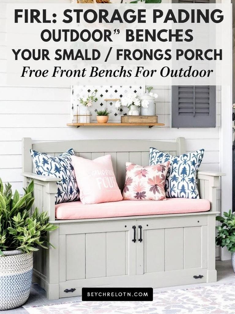 Storage bench on a front porch, combining seating and storage for outdoor items while enhancing decor.