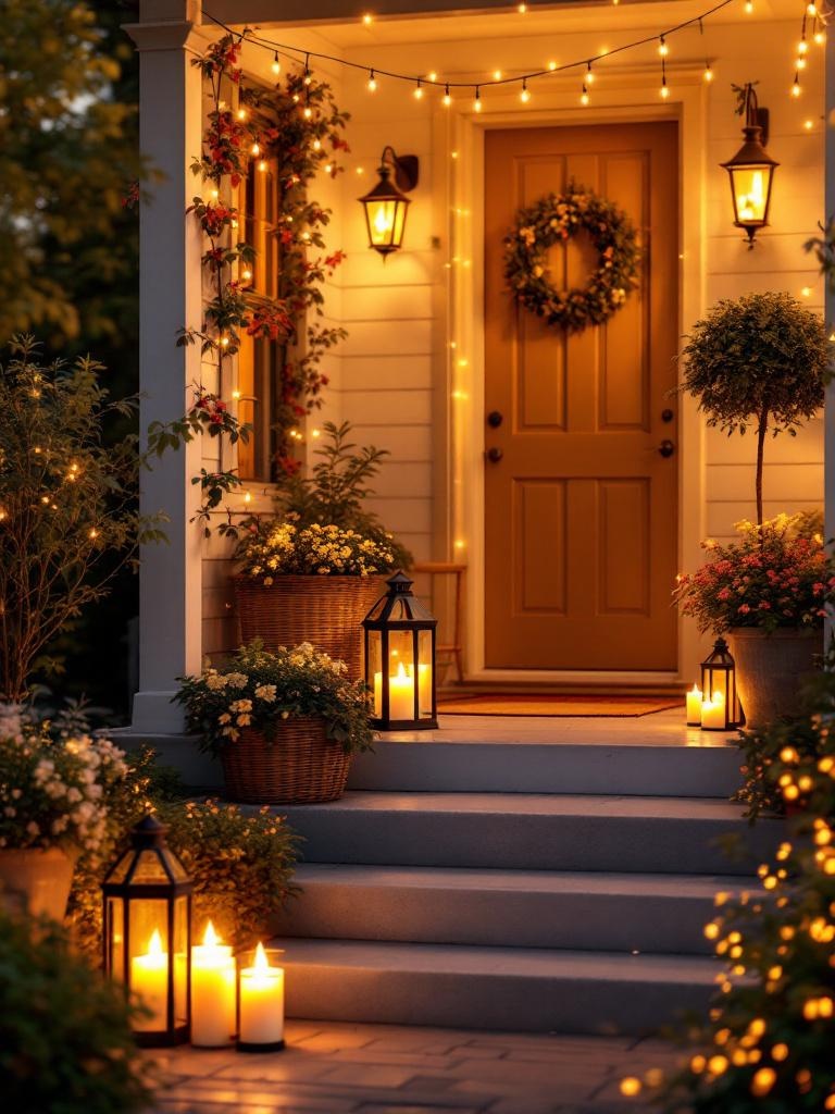 Cozy front porch with hanging lanterns and LED candles, creating a whimsical evening atmosphere.