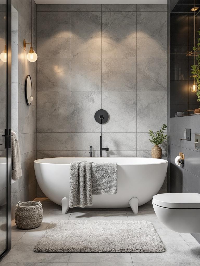 Small bathroom featuring textured tiles, plush rugs, and smooth fixtures for a warm, inviting design.