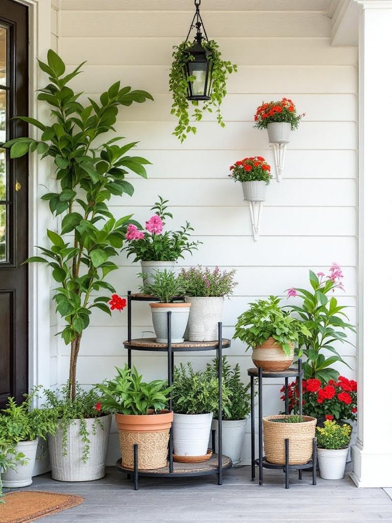 Tiered plant stands display a variety of plants on a porch, enhancing natural beauty and decor.