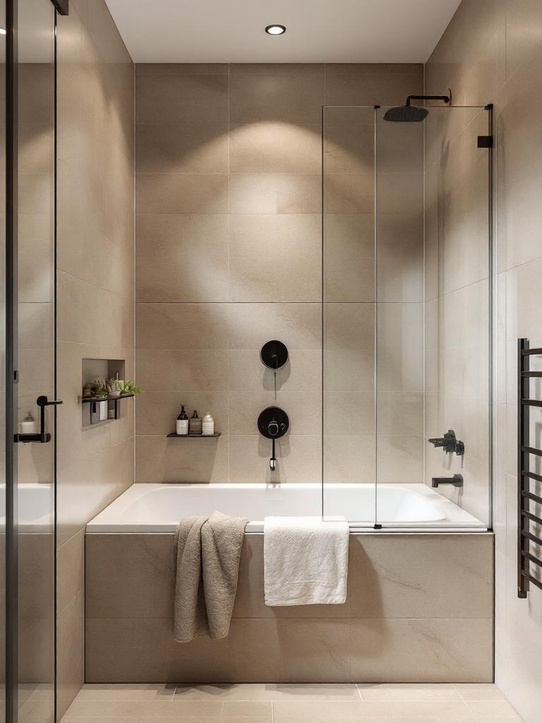 A modern tub-shower combo in a small bathroom with a glass screen and stylish tiles, maximizing space.