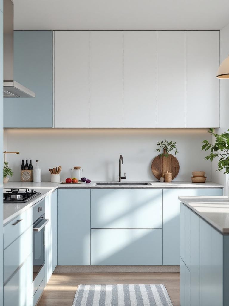 Light blue two-tone kitchen with blue lower cabinets, white upper cabinets, and stylish fixtures.
