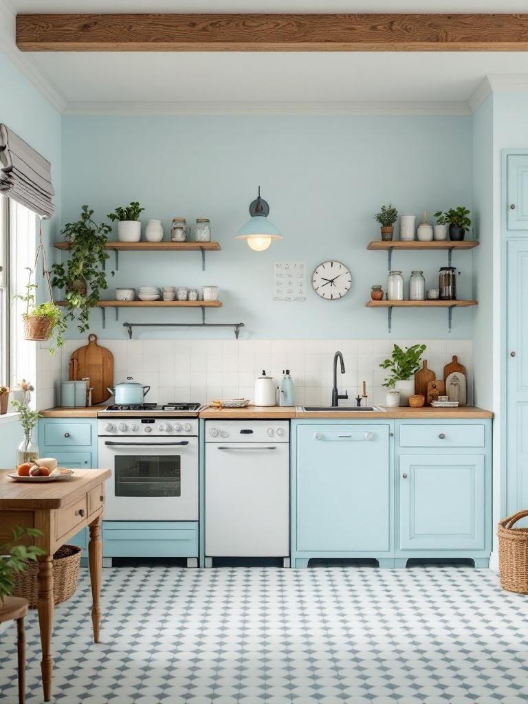 Light blue kitchen with vintage appliances, rustic shelves, and mason jar decor for a cozy atmosphere.