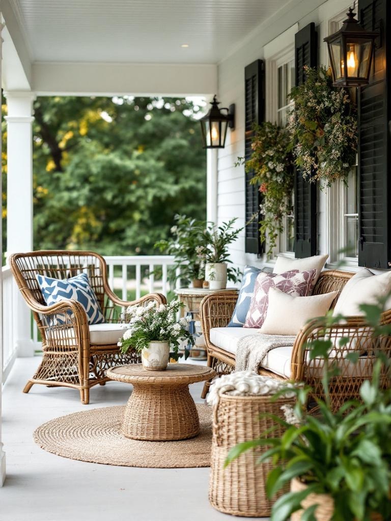 Wicker furniture and decor enhancing elegance and texture on a cozy front porch with inviting vibe.